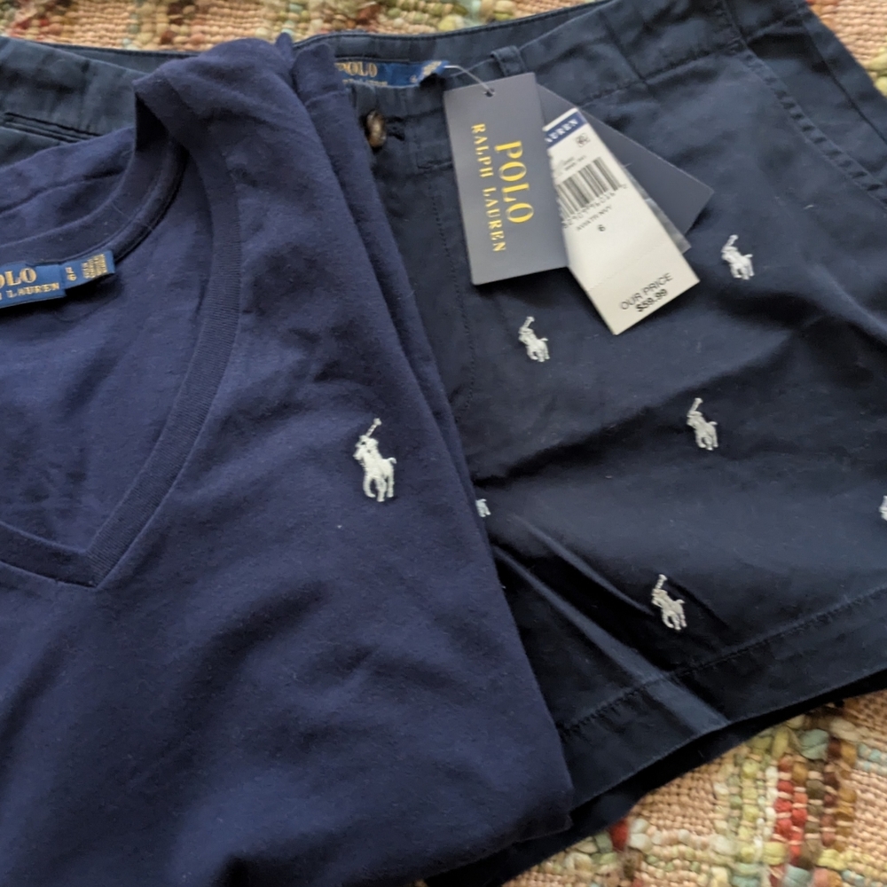 Women's Polo Ralph Lauren Navy Shirt and Shorts Set. Shorts Size 6 And Shirt L.